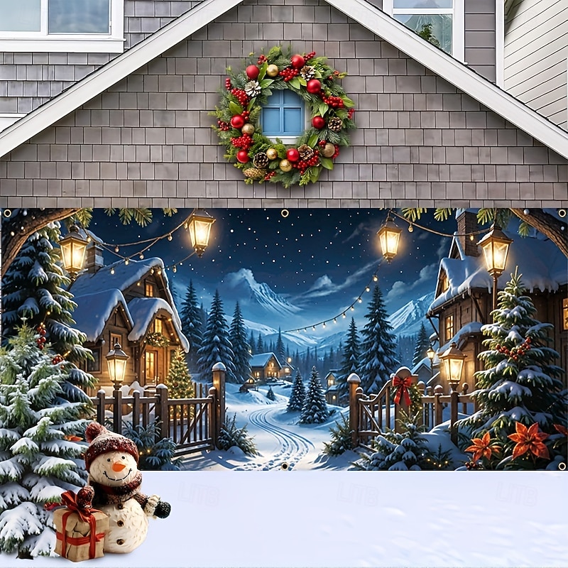 Christmas Outdoor Garage Door Cover Christmas House Sleigh Snowman Christmas Tree Large Tapestry Backdrop Decoration For Holiday Outdoor Garage Door Home Wall Decorations4