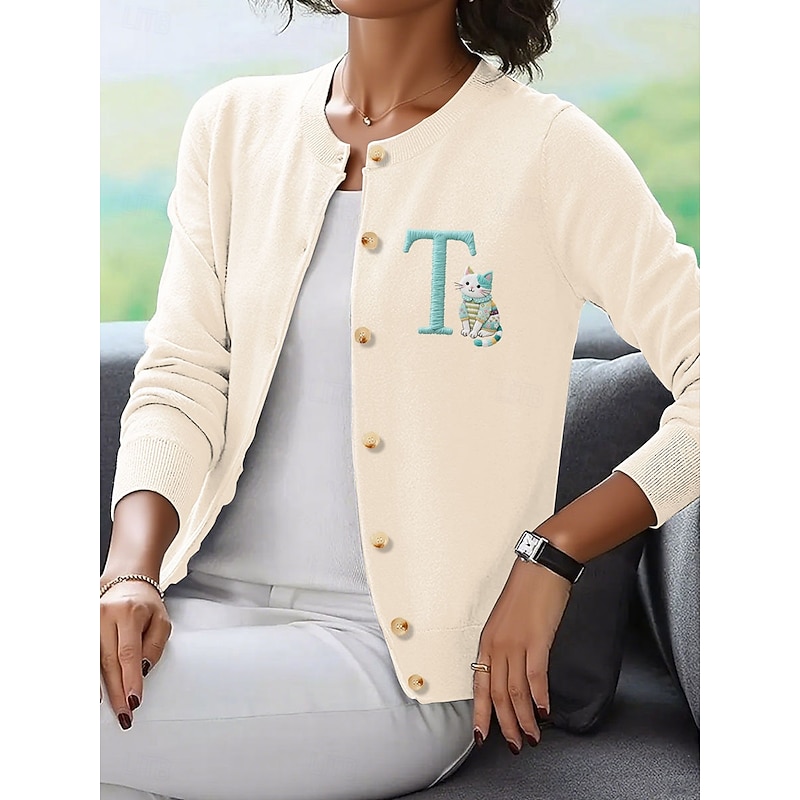 Women's Cardigan Elegant Vintage Daily Graphic Animal Letter Ribbed Crew Neck Buttons Knitted Long Sleeve Regular Tops Knit Outdoor Home Work Black Red Spring Fall2