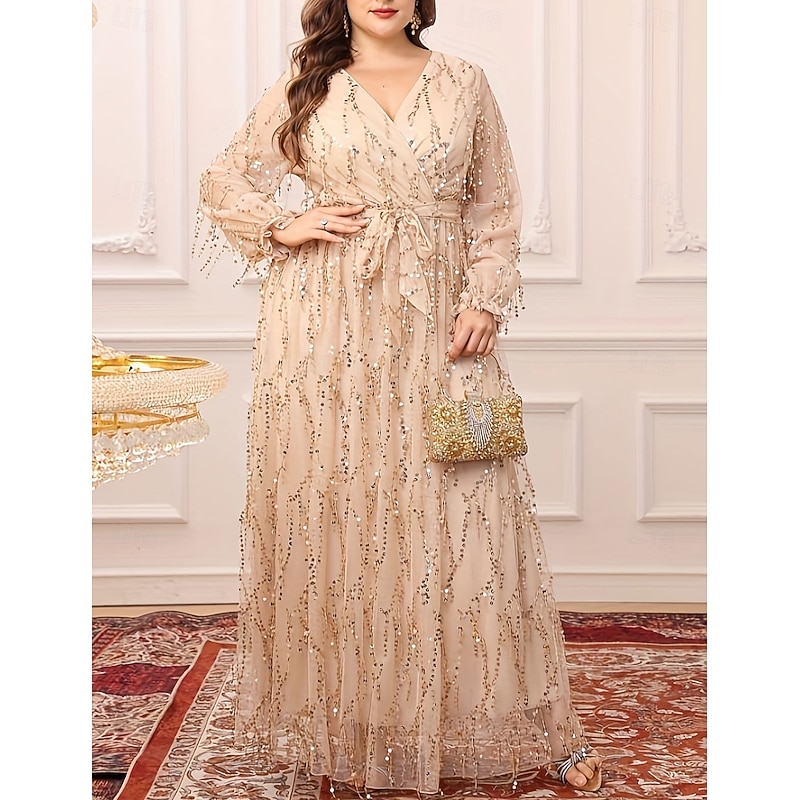 A-Line Mother of the Bride Dress Plus Size Sparkle & Shine V Neck Ankle Length Lace Sequined Long Sleeve with Color Block4