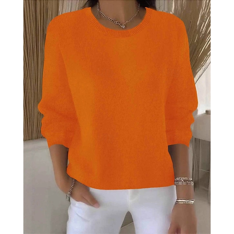 Women's Sweater Fashion Streetwear Casual Pure Color Ribbed Crew Neck Knitted Long Sleeve Regular Tops Knit Outdoor Daily Weekend Light Green Blue Fall Winter