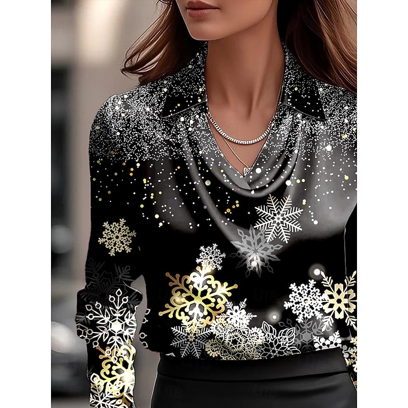 Christmas Women's Shirt Ombre Graphic Snowflake Elegant Stylish Casual Long Sleeve Cowl Neck Regular Tops Work Party Evening Wear Daily Ruched Draped Black Fall Winter2