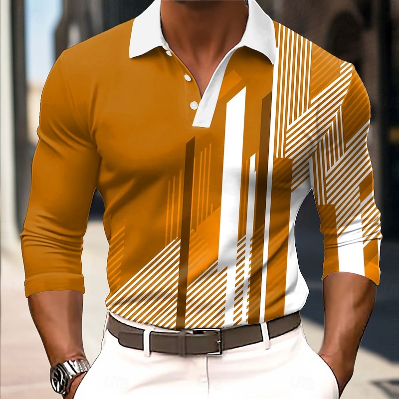 Men's Geometic Polo Long Sleeve Polo Shirts Collared Shirts Business Casual Business Athleisure Daily Wear 3D Print Buttons Spring Fall Winter Red Blue Orange2