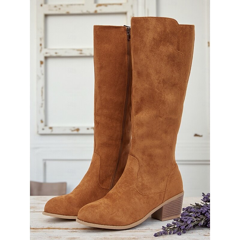 Women's Minimalism Dark Brown Mid Calf Boots – Faux Suede Chunky Heel Zipper Shoes for Casual Wear and Autumn Outfits2
