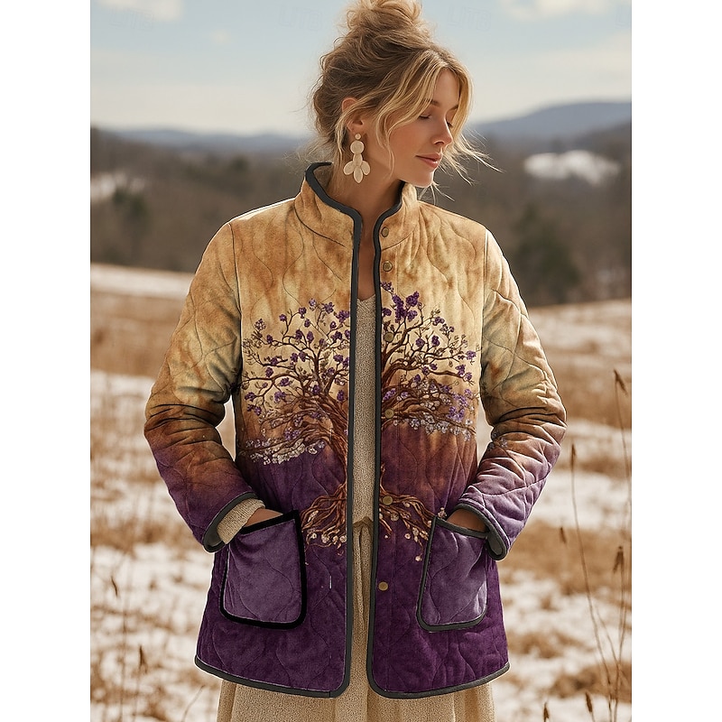 Women's Winter Jacket Quilted Jacket Warm Lightweight Print Elegant Vintage Boho Vintage Vacation Home Casual Regular Stand Collar Regular Fit Long Sleeve Outerwear Yellow Light Purple Purple Fall
