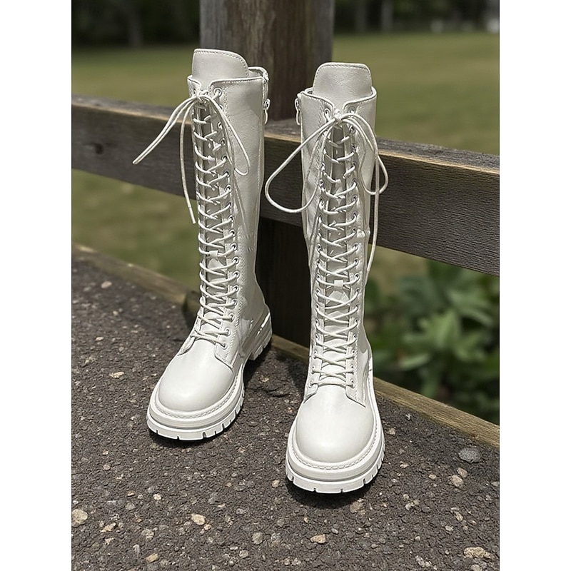 Women's White Lace-Up Knee-High Boots with Chunky Sole  - Stylish and Versatile for Casual or Street Fashion3
