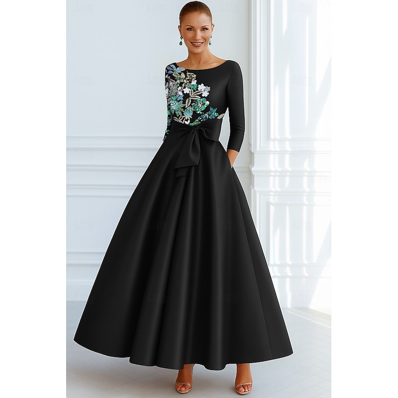 Black Brown Red A-Line Evening Gown Elegant Formal Dress Formal Wedding Floor Length Long Sleeve Pocket Stretch Satin with Glitter Bow(s) Pocket 20252