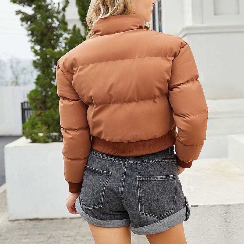 Women's Down Jacket Warm Comfortable Zipper Casual Solid Color Vacation Street Daily Wear Going out Short Stand Collar Regular Fit Long Sleeve Outerwear Black Yellow Red Fall Winter3