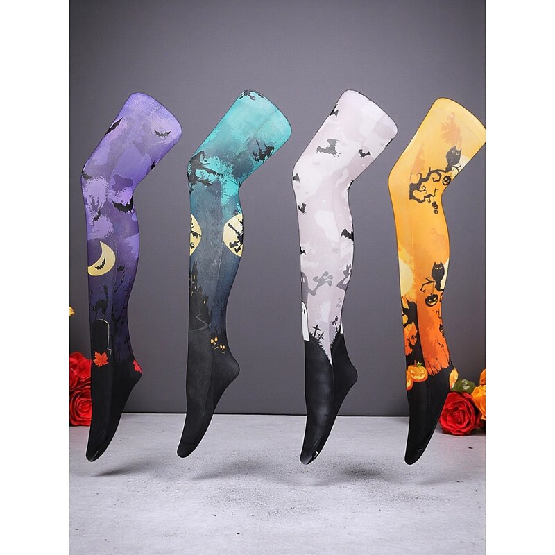 Women's Halloween Printed Tights - Colorful Over the Knee Stockings with Bat, Ghost and Pumpkin Patterns for Costume Party and Cosplay