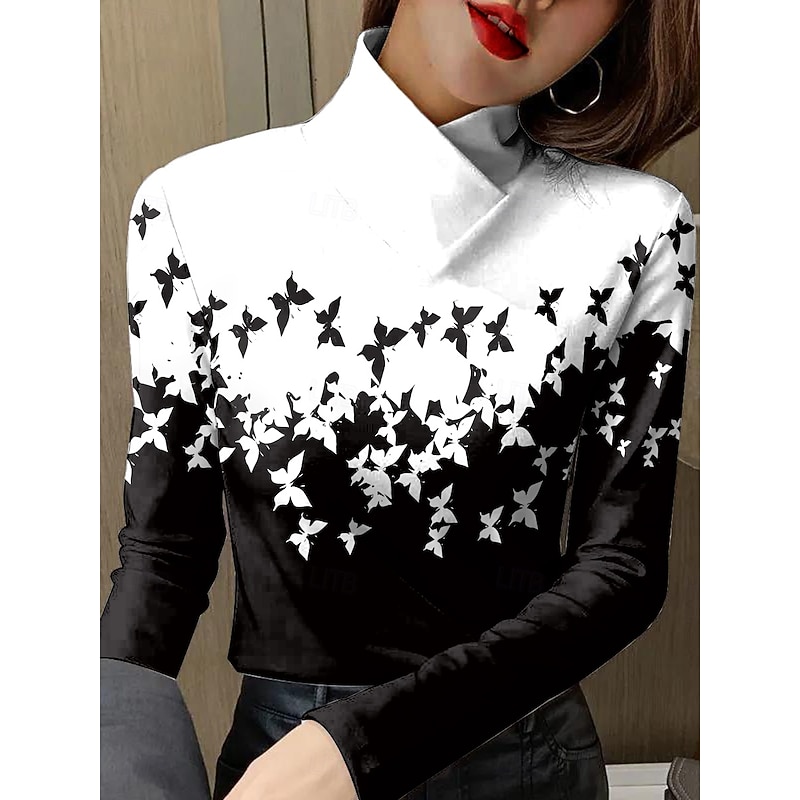 Women's T Shirt Graphic Butterfly Elegant Vintage Stylish Long Sleeve High Neck Asymmetric Neck Regular Tops Daily Print White Blue Purple Green Khaki Spring Fall Winter