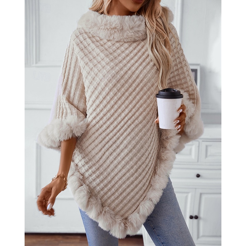 Women's Sweater Shrug Elegant Fashion Streetwear Solid Color Ribbed Turtleneck Knitted Asymmetric Hem Faux Fur Trim Half Sleeve Regular Tops Knit Outdoor Daily Weekend Wine Red Black Fall Winter2