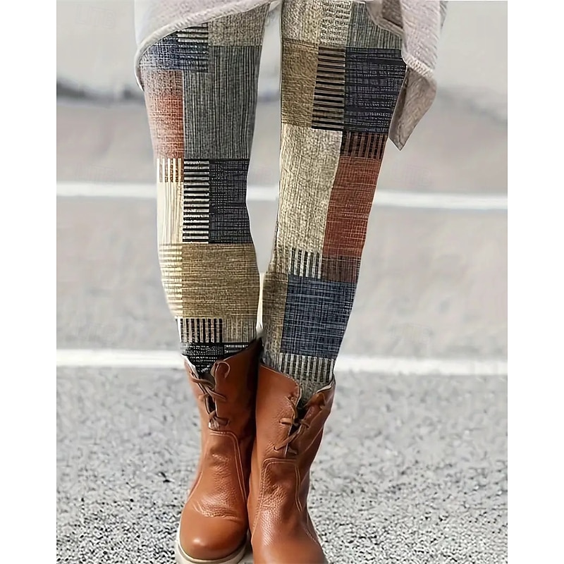 Women's Chinos Leggings Cozy Leggings Vacation Basic Casual Full Length High Waist Plaid Printing Thermal Warm Comfortable Stretchy Vacation Casual Daily Khaki Fall Winter Slim Fit