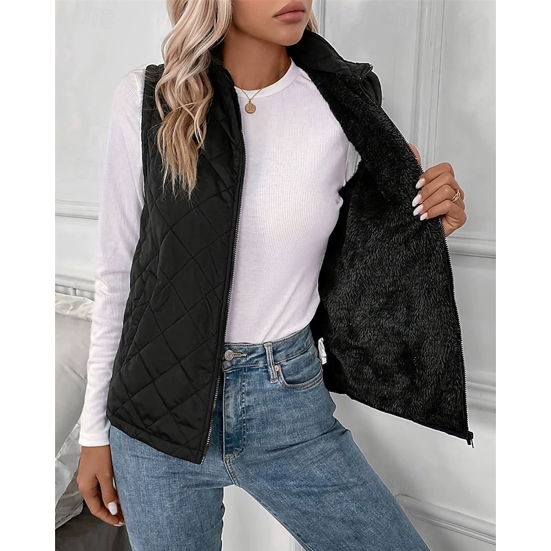 Women's Puffer Jacket Quilted Jacket Casual Jacket Comfortable Breathable Zipper Pocket Casual Plain Vacation Street Casual Daily Wear Zipper Regular Turndown Regular Fit Sleeveless Outerwear Black3