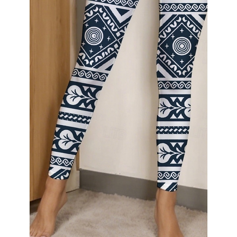 Women's Pants Trousers Leggings Cozy Leggings Vintage Casual Full Length High Waist Geometric Elastic Waist Print Breathability Comfortable Stretchy Vacation Street Daily Wear Dark Navy Summer Spring3