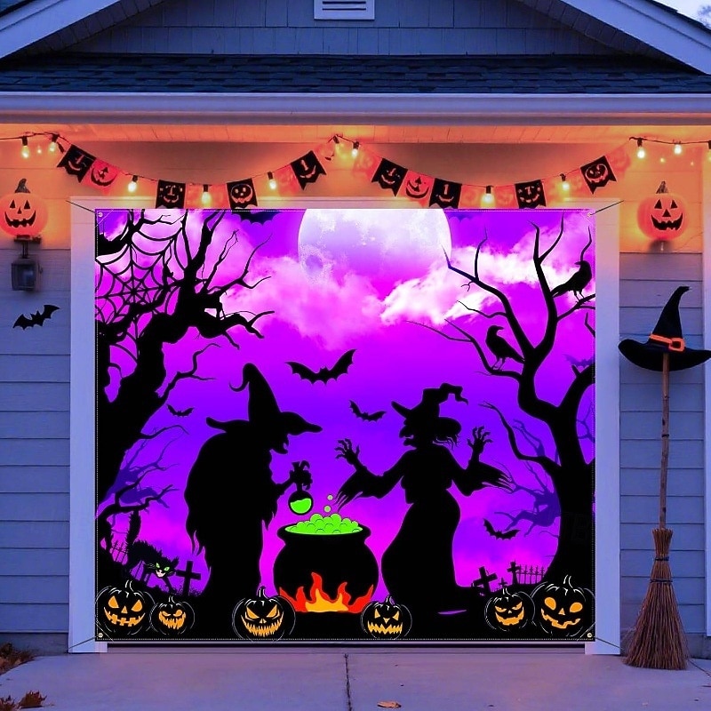 Halloween Garage Door Cover Skeleton Ghost Banner Large Outdoor Backdrop with Grommets Yard Front Porch Wall Decorations Spooky Holiday Party Scene4
