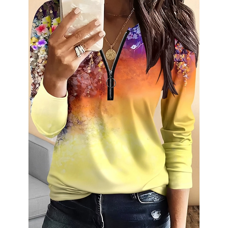 Women's T Shirt Floral Graphic Vintage Fashion Stylish Long Sleeve Crew Neck Regular Tops Daily Zipper Print Yellow Blue Green Spring Fall Winter