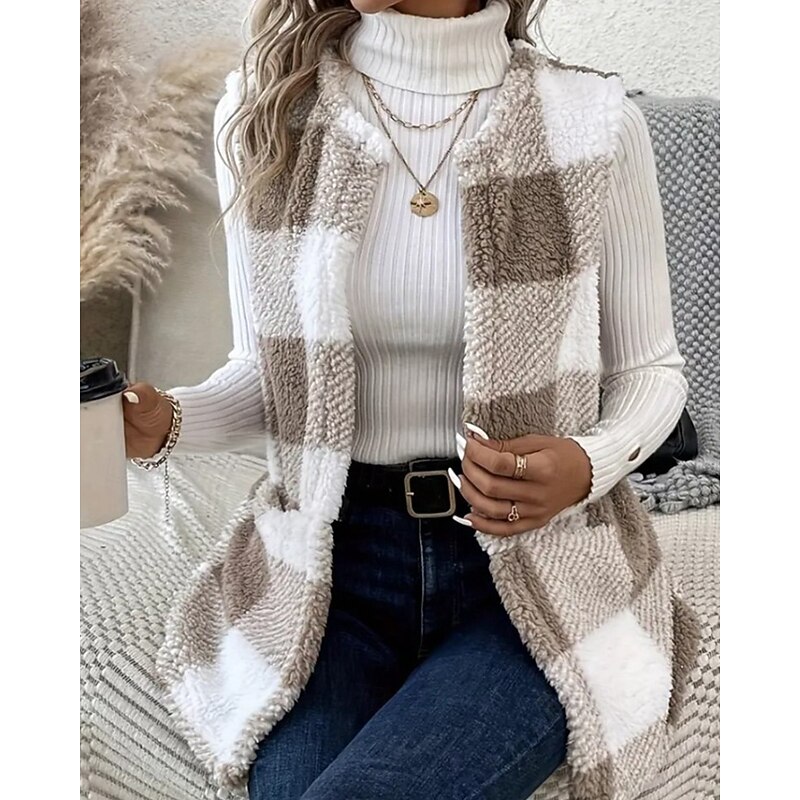 Women's Vest Shearling Vest Comfortable Pocket Buttons Casual Plaid Vacation Daily Wear Going out Weekend Regular Crewneck Regular Fit Sleeveless Outerwear Black Khaki Light Grey Fall Winter2
