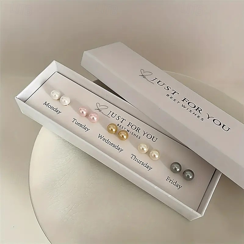 5 Pairs Faux Pearl Stud Earrings Gift Box Set, Elegant and Luxurious, Mix-and-Match Daily Earrings for Monday to Friday2