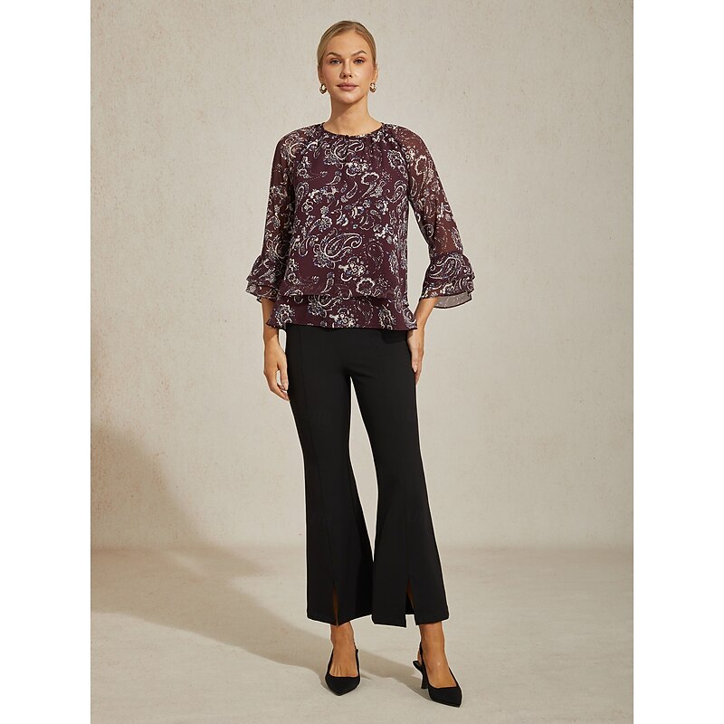 Women's Outdoor Wine Ruffle Crewneck 2 in 1 Fashion Crew Neck4