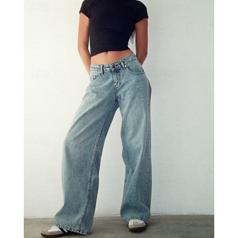 Women's Jeans Culottes Wide Leg Chinos Vintage Streetwear Casual Full Length Medium Waist Plain Pocket Elastic Waist Comfortable Inelastic Outdoor Vacation Street Black Grey River Blue Light Sky Blue2