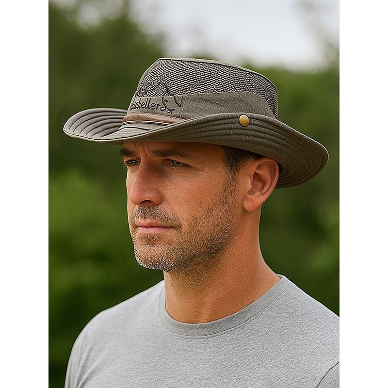 Men's Outdoor Sun Protection Safari Hat – Breathable Wide Brim Mesh Fishing Hat with Chin Strap for Hiking, Camping and Travel