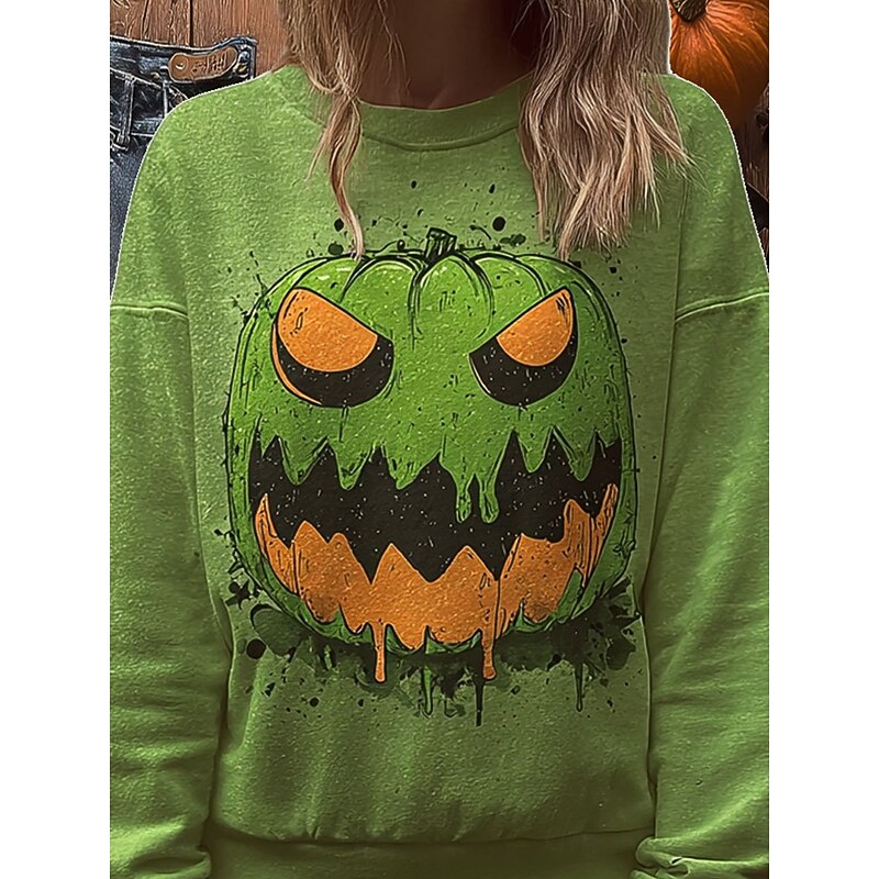 Women's Pullover Graphic Pumpkin Casual Long Sleeve Crew Neck Regular Tops Street Dailywear Casual Print Green Fall Winter2