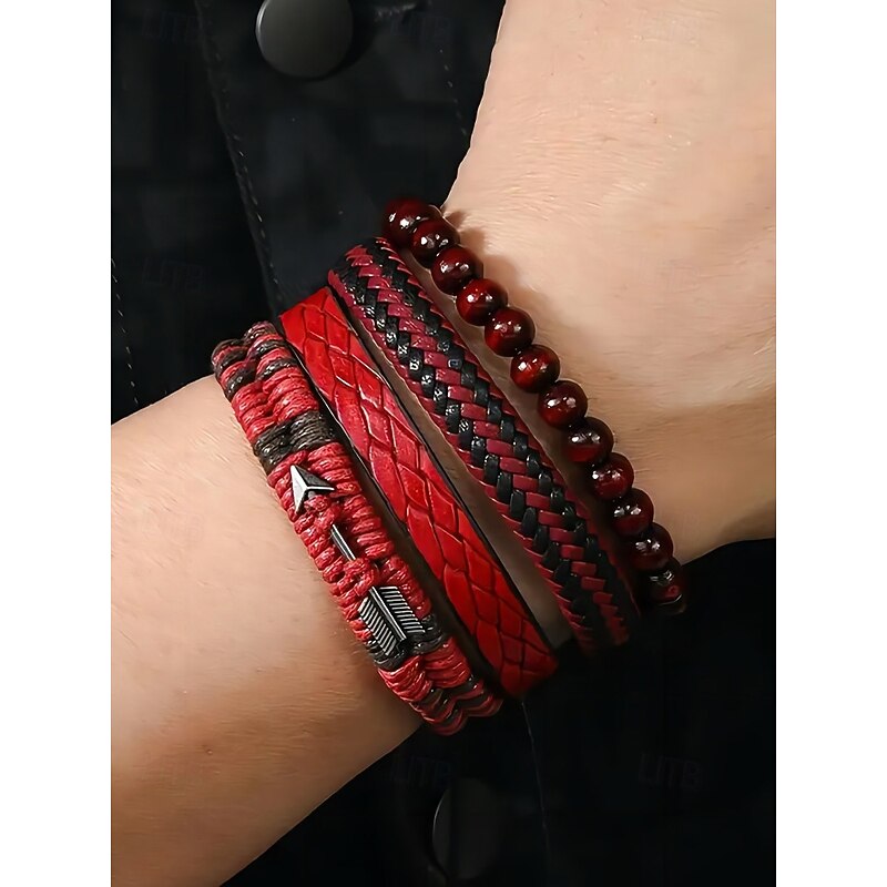 Men's Leather Beaded Bracelet Set – Multi-Layer Woven Retro Wristband Jewelry for Casual Style & Christmas Gift2