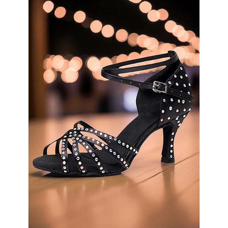 Women's Black Rhinestone Strappy Dance Shoes - 1920s Gatsby Ballroom Latin Heels for Party & Performance2