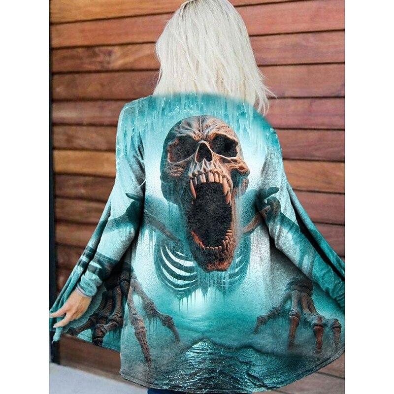 Women's Coat Lightweight Comfortable Print Open Front Vintage Artistic Casual Halloween Skull Casual Short Collarless Regular Fit Long Sleeve Outerwear Blue Purple Orange Spring Fall