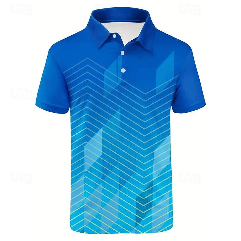 Men's Striped Sports Polo Shirts Golf Shirt Short Sleeve Polo Shirts Collared Shirts Casual Sportswear Vacation Wear Buttons 3D Print Lake blue Black Wine2