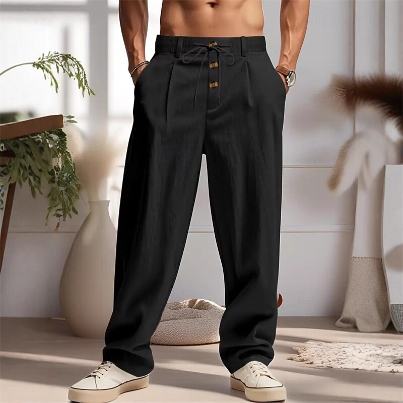 Men's Linen Pants Trousers Summer Pants Beach Pants Pocket Buttons Plain Comfort Breathable Vacation Daily Holiday Hawaiian Boho Black White3