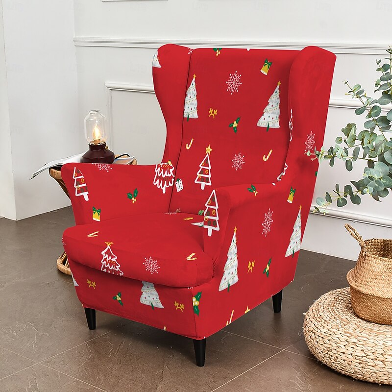 Christmas Wingback Chair Cover, Floral, Striped, or Geometric Printed Polyester Slipcover, Elastic Non-Slip Chair Protector for Home or Party