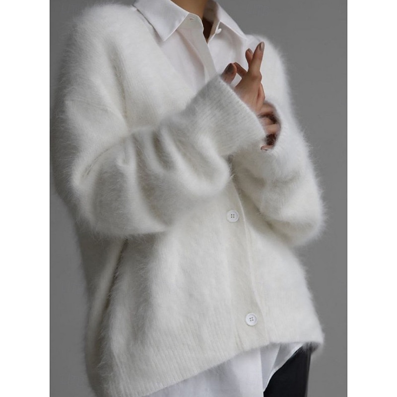 Women's Sweater Cardigan Elegant Fashion Streetwear Pure Color V Neck Pocket Buttons Knitted Long Sleeve Regular Tops Knit Outdoor Daily Weekend White Pink Fall Winter3