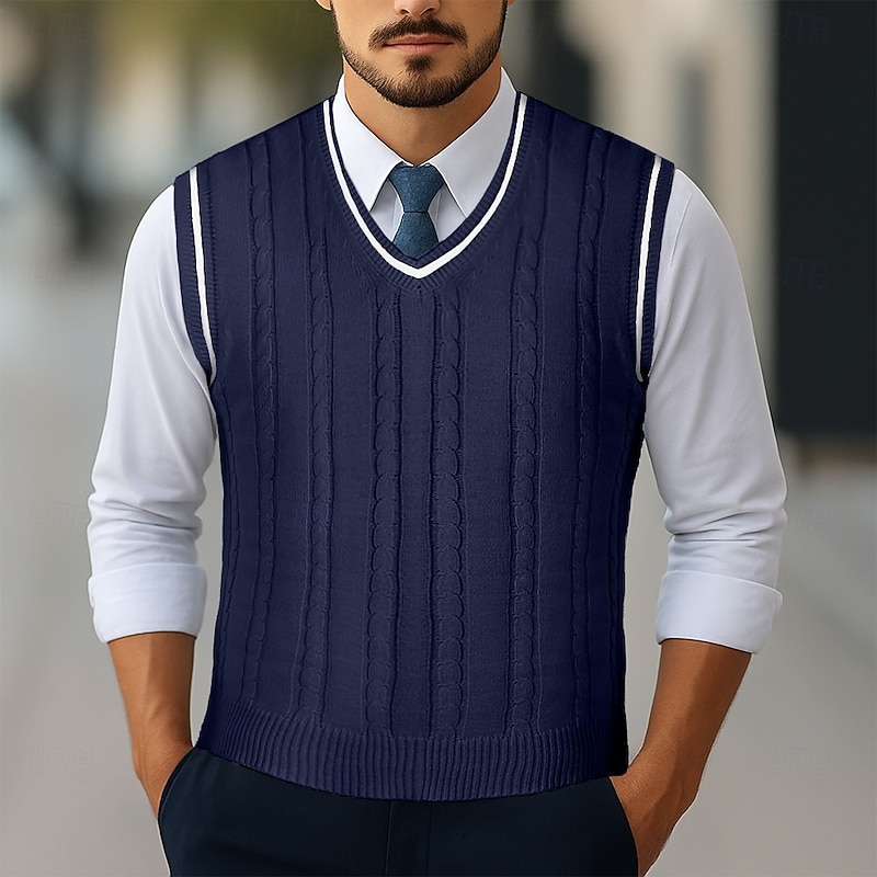 Men's Sweater Sweater Vest Pullover Sweater Jumper Cable Knit Regular Tops Knitted Slim Fit Geometric V Neck Knitwear Contemporary Casual Daily Wear Clothing Apparel Winter Spring &  Fall Wine Black4