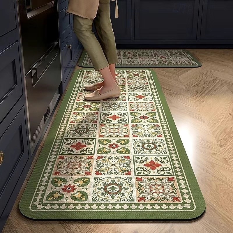 Kitchen Rugs Mats Non-Skid Washable Anti-Fatigue, Non-Slip Absorbent Crystal Velvet Runner Rubber Backed for Floors, Machine Washable Moroccan Mosaic Vintage Standing Mats for Laundry Room, Hallway