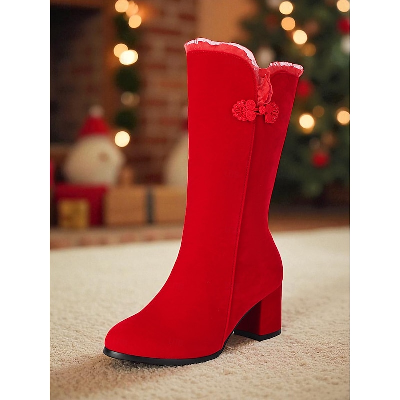 Women's Red Mid-Calf Boots with Side Zipper, Block Heel and Floral Trim – Elegant Winter Dress Boots for Christmas, Holiday Parties and Formal Occasions