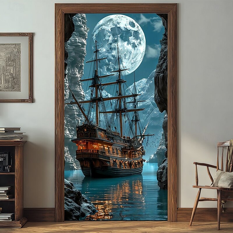 Tapestry Door Cover Outdoor Banners Moon Pirate Ship Fantasy Mystic Bedroom Living Room Teens Room College Dorm Guys Man Cave Frat Bedroom Home Decor2