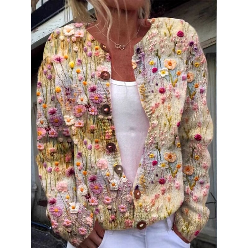 Women's Cardigan Daily Floral Graphic Ribbed Crew Neck Buttons Print Long Sleeve Regular Tops Knit Outdoor Weekend Pink Green Spring Fall