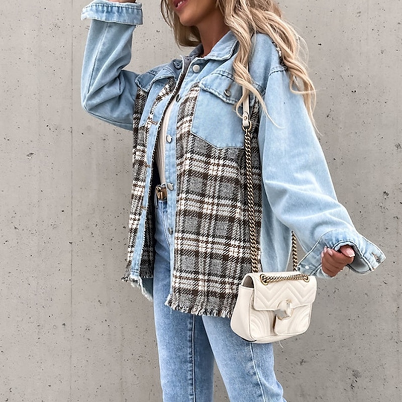 Women's Casual Jacket Denim Jacket Warm Comfortable Pocket Buttons Fashion Outdoor Color Block Going out Weekend Single Breasted Regular Lapel Regular Fit Long Sleeve Outerwear Blue Fall Winter4