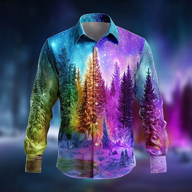 Christmas Men's Christmas Tree Aurora Christmas Costume Shirt Button Up Shirt Long Sleeve Funny Outdoor Holiday Spring Fall Turndown 3D Print Collared Shirts Blue 1# Blue Purple Green Dark Purple4