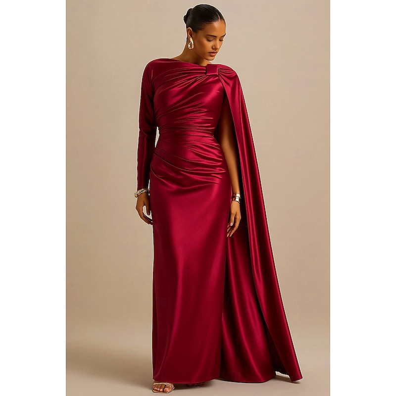Sheath / Column Evening Gown Elegant Formal Dress Formal Wedding Floor Length Long Sleeve One Shoulder Satin with Pleats 2025
