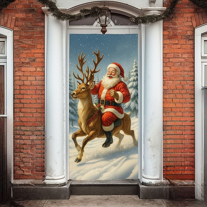 Christmas Door Cover, Cute Reindeer Holiday Door Curtain with "Christmas Is Coming" Sign, 2025 Xmas Festive Door Hanging for Porch Party Home Decoration2