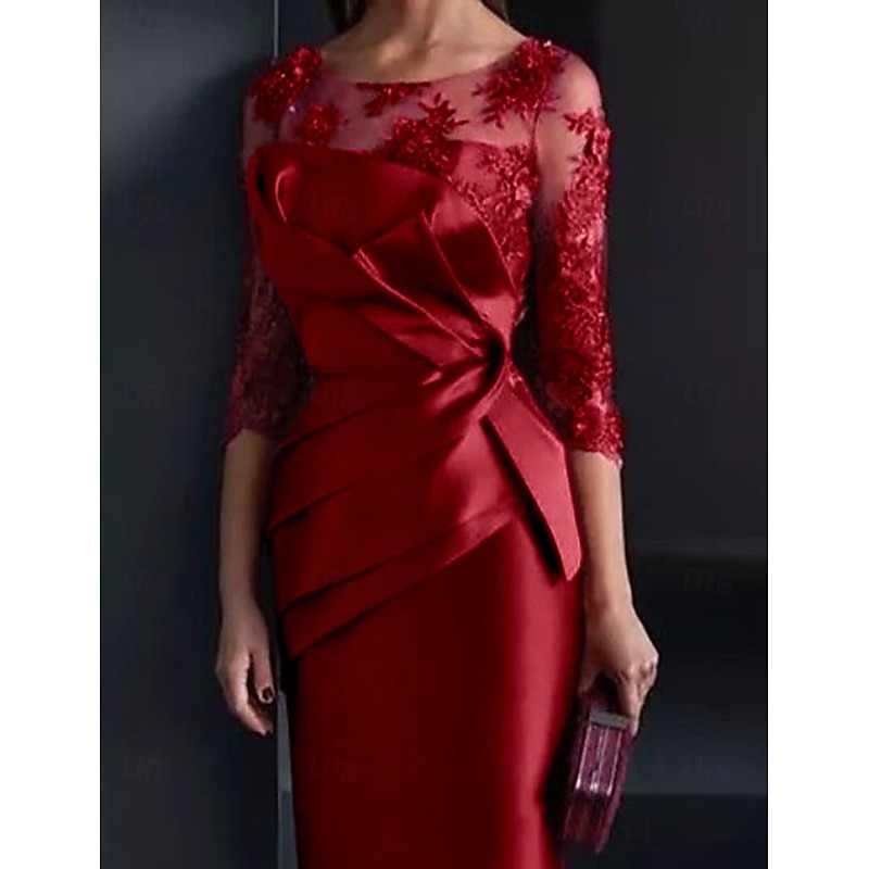 Sheath Mother of the Bride Dress Wedding Guest Elegant Illusion Neck Knee Length Satin Lace 3/4 Length Sleeve with Appliques Ruching2