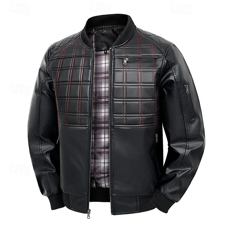 Men's Faux Leather Jacket Biker Jacket Motorcycle Jacket Vacation Daily Windproof Warm Pocket Fall Winter Plaid Fashion Classic Stand Collar Regular Black Jacket