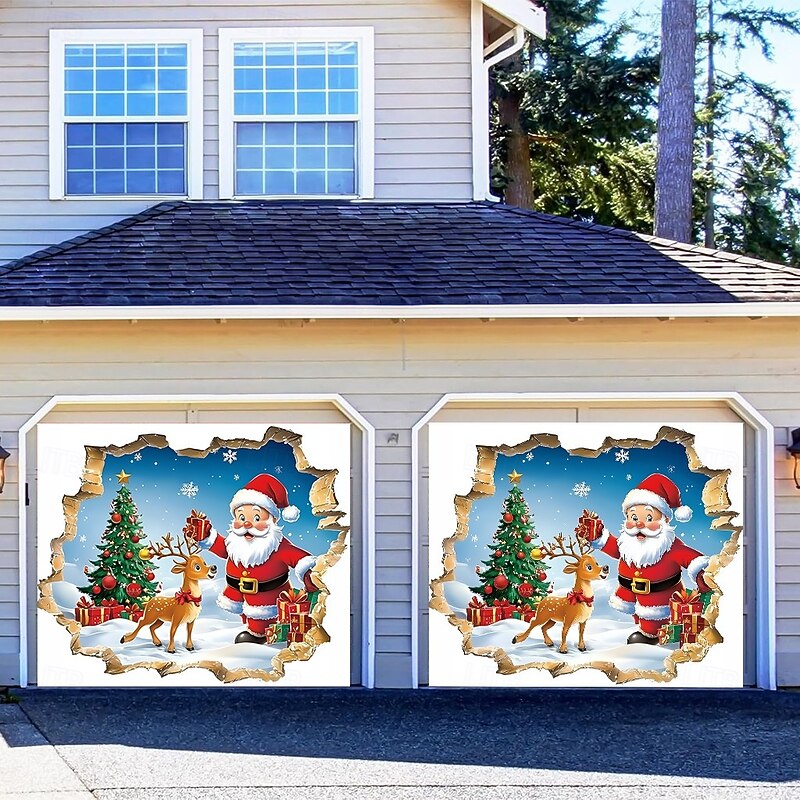 Christmas Outdoor Garage Door Cover Santa Claus Reindeer Christmas Gifts Large Tapestry Backdrop Holiday Party Wall Decoration For Outdoor Garage Door Home Festival Celebration Decor4