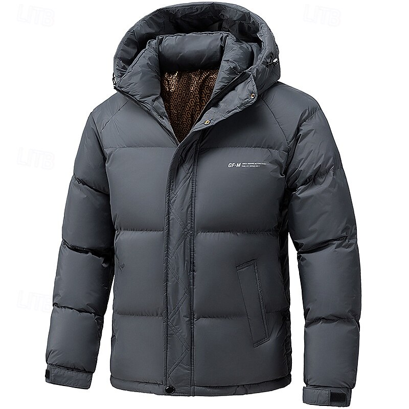 Men's Puffer Jacket Padded Pocket Full Zip Hooded Christmas Outdoor Street Regular Neutral Fashion Daily Winter Solid Color Dark Grey Black Light Grey Puffer Jacket