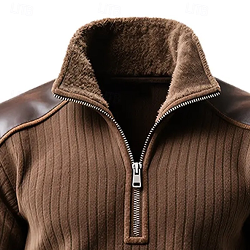 Men's Sweatshirt Pullover Quarter Zip Sweatshirt Ribbed Knit Brown Standing Collar Plain Patchwork Textured Sports & Outdoor Casual Daily Streetwear Cool Sportswear Winter Spring &  Fall Clothing3