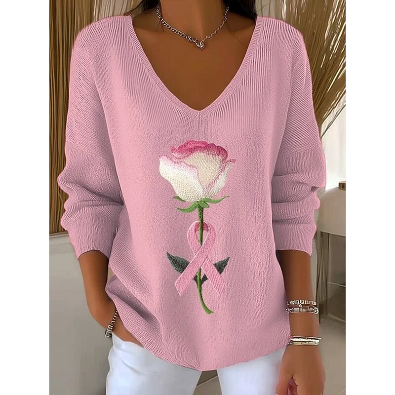 Women's Sweater Casual Soft Floral Graphic Ribbed V Neck Knitted Print Long Sleeve Regular Tops Knit Outdoor Daily Weekend Pink Fall Winter