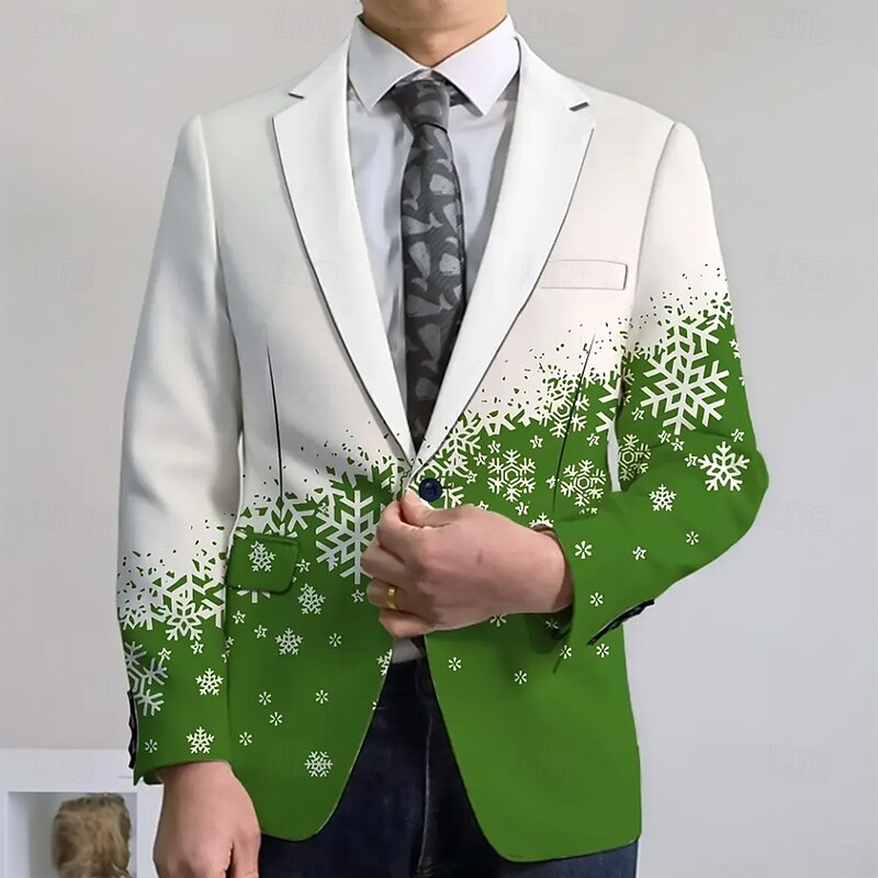 Men's Blazer Coat Christmas Outdoor Street Pocket Casual Daily Fall / Winter 100% Polyester Snowflake 3D Print Buttons Thermal Warm Comfortable Single Breasted Blazer Red Blue Purple Brown3