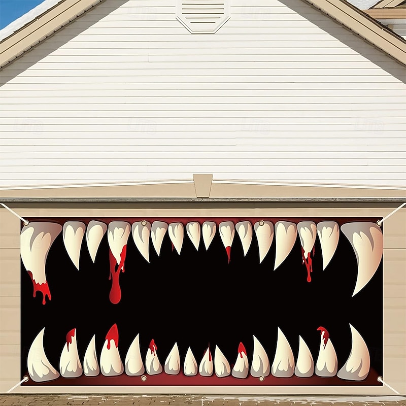 Halloween Tapestry Garage Door Cover Large Hanging Backdrop Bloodstains Mouth 3D Dark Punk Gothic Style Party Outdoor Shooting Backgrounds Yard Haunted House Home Decor2