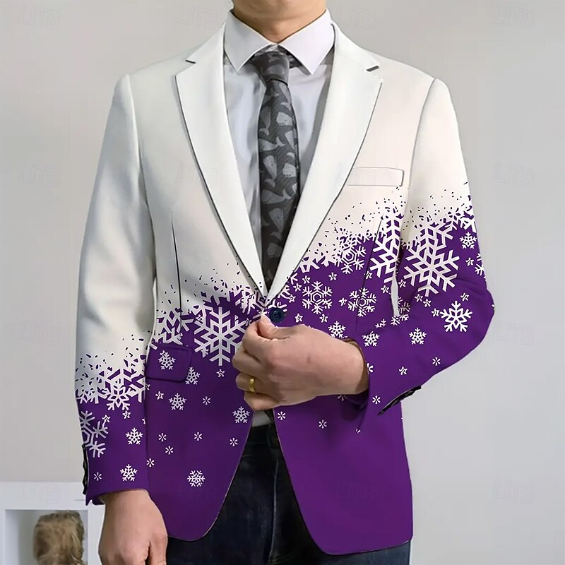 Men's Blazer Coat Christmas Outdoor Street Pocket Casual Daily Fall / Winter 100% Polyester Snowflake 3D Print Buttons Thermal Warm Comfortable Single Breasted Blazer Red Blue Purple Brown4